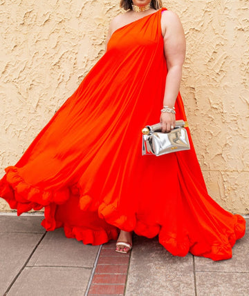 One Shoulder Ruffle Gown