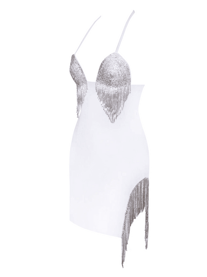 Halter Neck Crystal Fringe Mini Dress