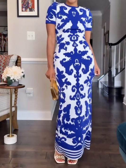 Round Neck Short Sleeve Jacquard Bandage Maxi Dress