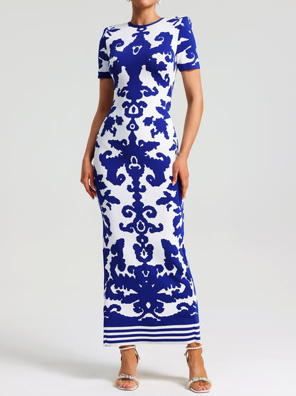 Round Neck Short Sleeve Jacquard Bandage Maxi Dress