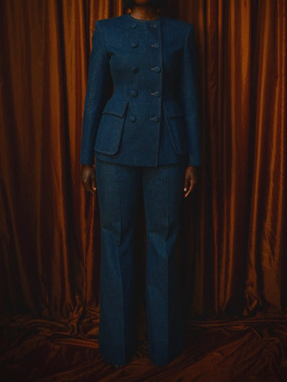 Double-Breasted Denim Suit Jacket + Denim Flared Pants Set