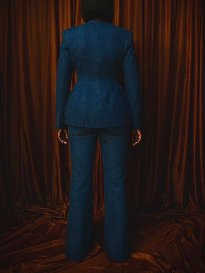 Double-Breasted Denim Suit Jacket + Denim Flared Pants Set