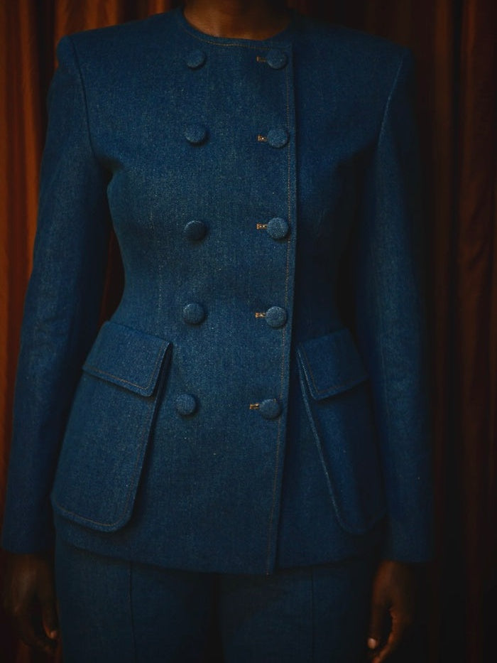 Double-Breasted Denim Suit Jacket + Denim Flared Pants Set