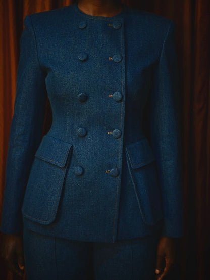 Double-Breasted Denim Suit Jacket + Denim Flared Pants Set