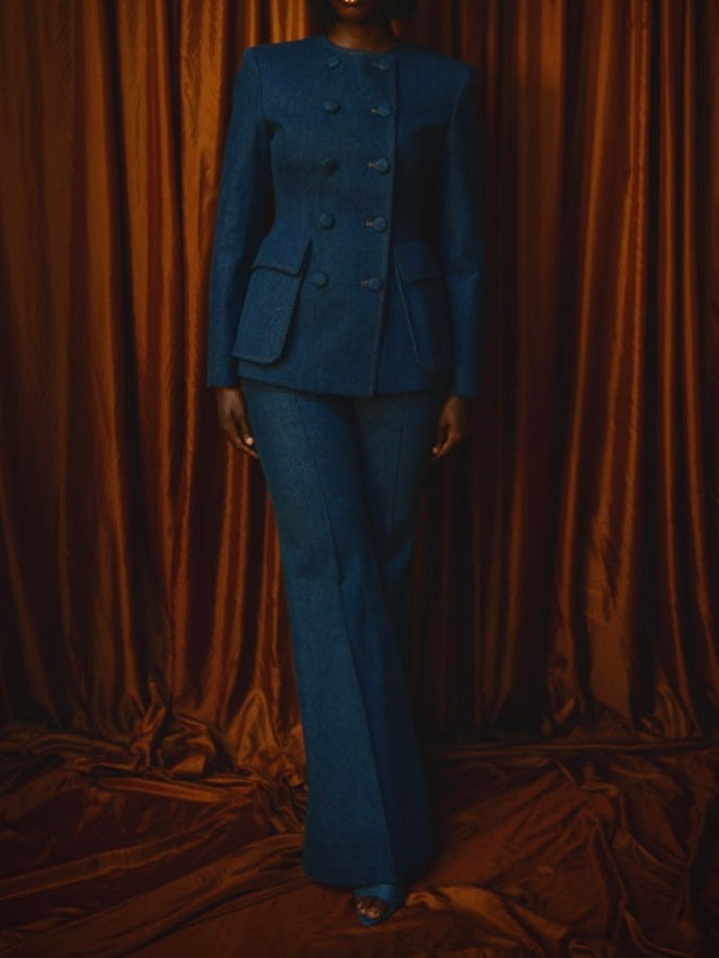 Double-Breasted Denim Suit Jacket + Denim Flared Pants Set