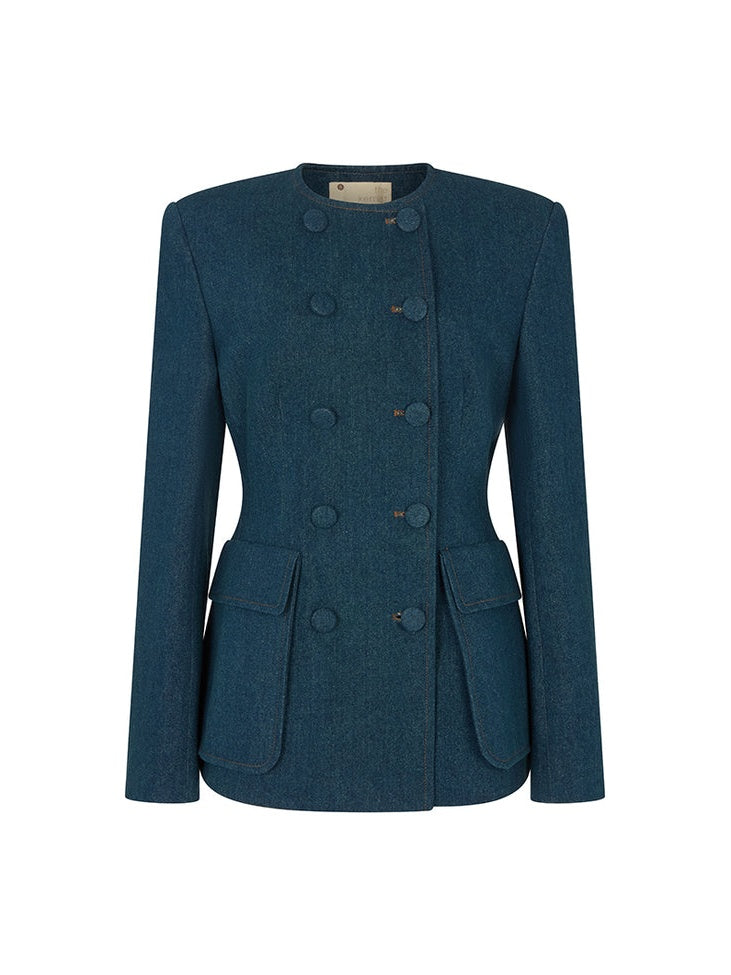 Double-Breasted Denim Suit Jacket + Denim Flared Pants Set