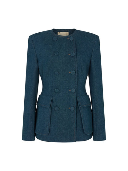 Double-Breasted Denim Suit Jacket + Denim Flared Pants Set