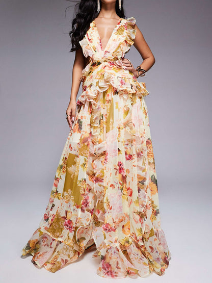 Ruched Chiffon Detail & Open Back In Patchwork Floral Maxi Dress