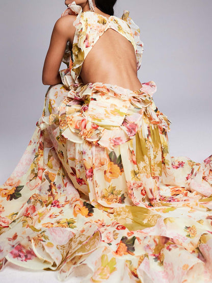 Ruched Chiffon Detail & Open Back In Patchwork Floral Maxi Dress