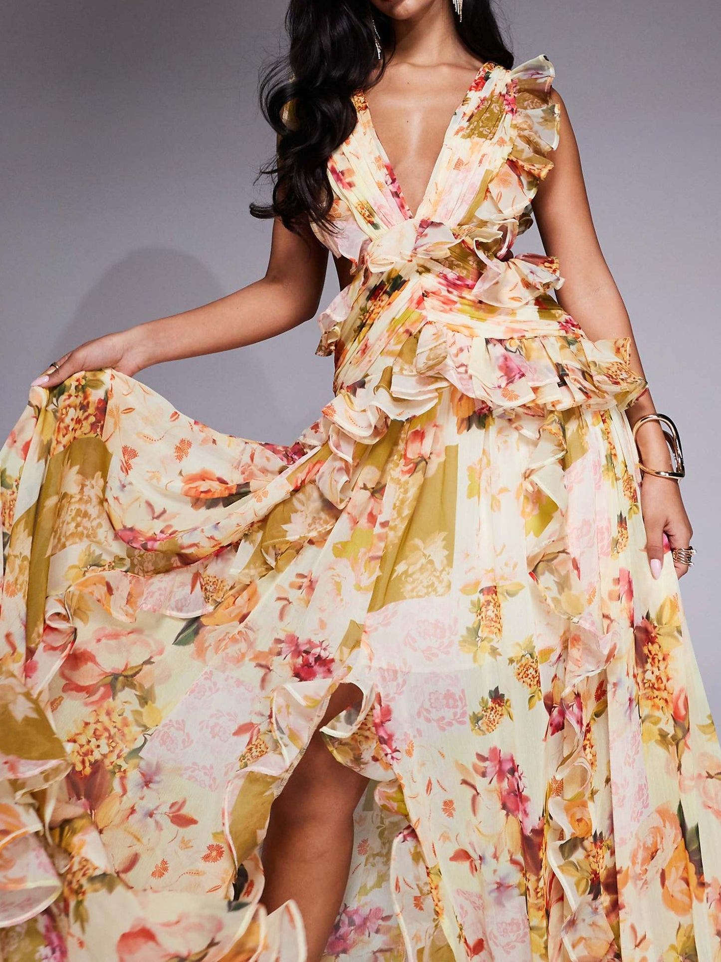 Ruched Chiffon Detail & Open Back In Patchwork Floral Maxi Dress