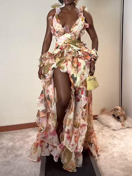 Ruched Chiffon Detail & Open Back In Patchwork Floral Maxi Dress