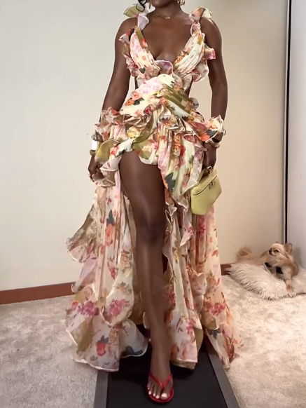 Ruched Chiffon Detail & Open Back In Patchwork Floral Maxi Dress
