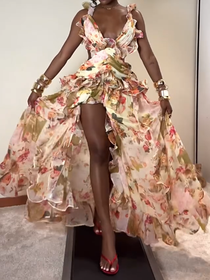 Ruched Chiffon Detail & Open Back In Patchwork Floral Maxi Dress