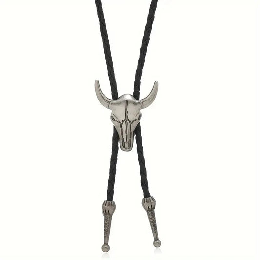 Black Western Big Bull Head Bolo Retro Necklace