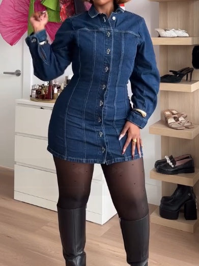 Barrel Sleeve Denim Shirt Dress