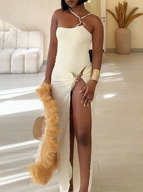 Sand Gold Trim Linen Look Side Split Beach Maxi Skirt