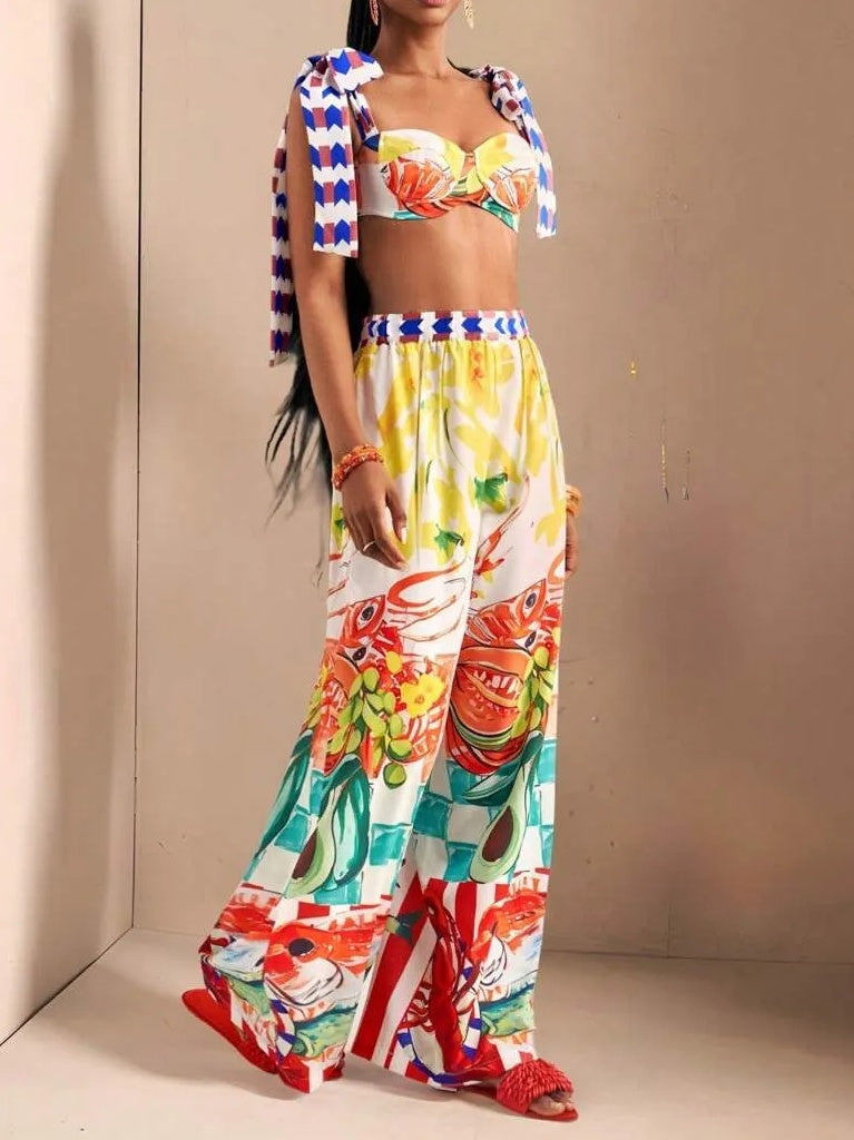 Bowknot Shoulder Straps Chest-Wrapped Heart Top   Wide-Leg Super Trousers