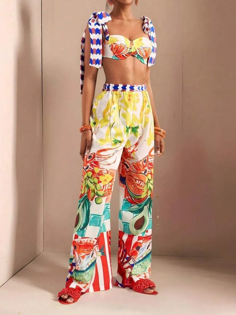 Bowknot Shoulder Straps Chest-Wrapped Heart Top   Wide-Leg Super Trousers