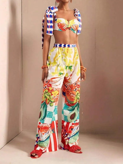 Bowknot Shoulder Straps Chest-Wrapped Heart Top   Wide-Leg Super Trousers