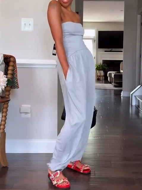 Crinkle Rayon Strapless Slouch Jumpsuit