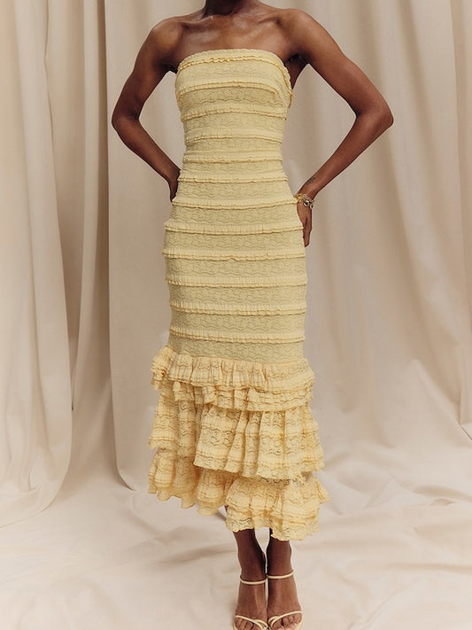 Lemon Textured Lace Frill Tiered Maxi Dress