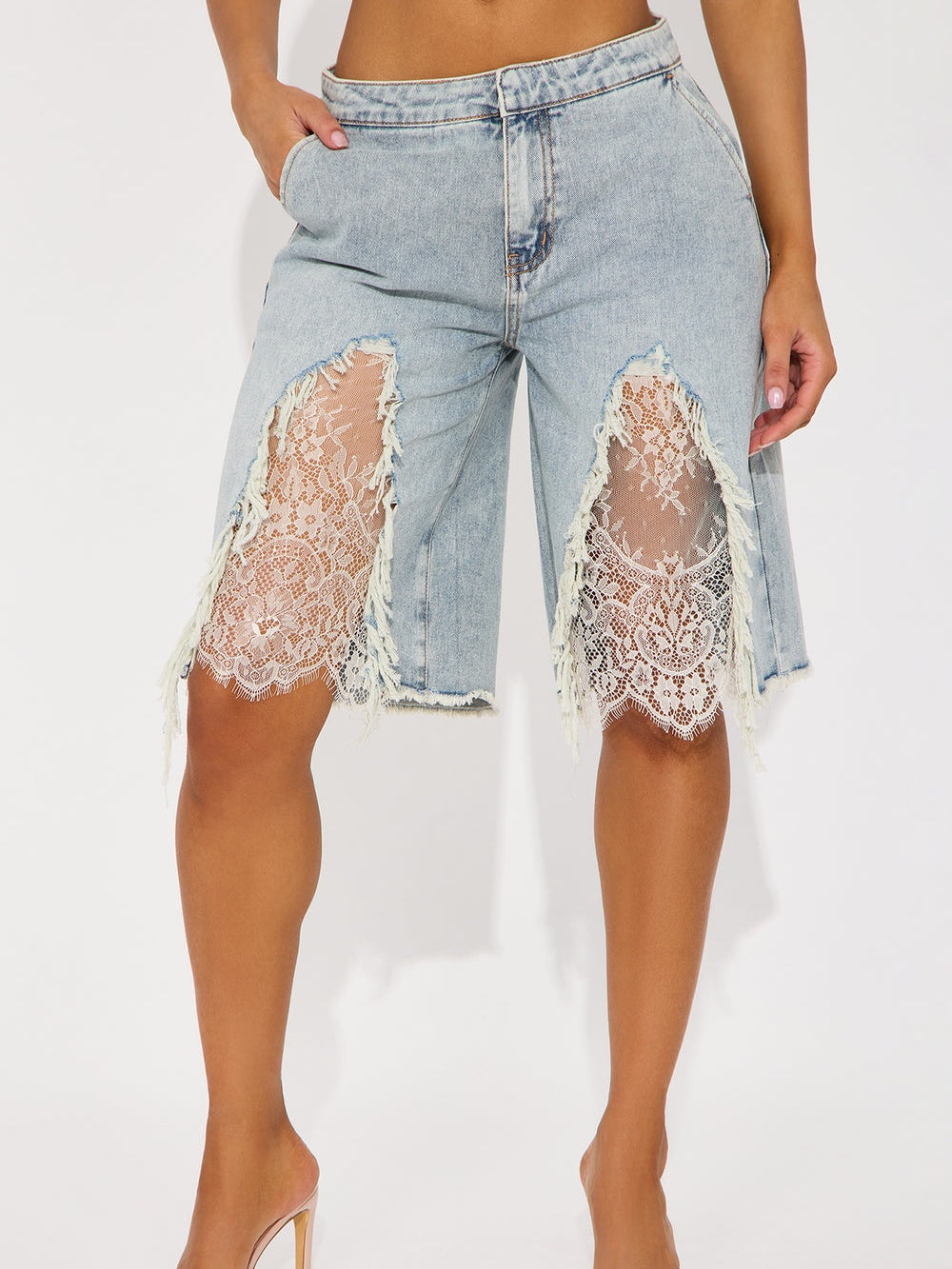 Ivory Satin Flyaway Top Lace Detail Denim Jorts