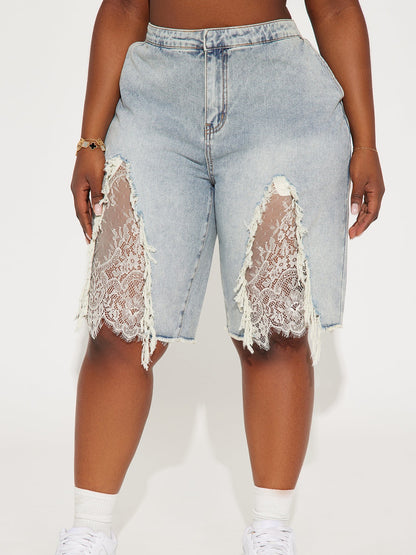 Ivory Satin Flyaway Top Lace Detail Denim Jorts