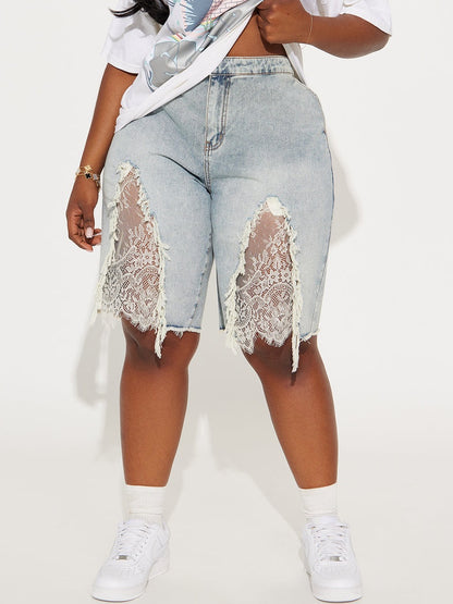 Ivory Satin Flyaway Top Lace Detail Denim Jorts