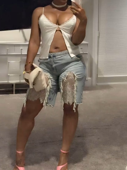 Ivory Satin Flyaway Top Lace Detail Denim Jorts