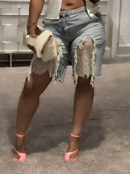 Ivory Satin Flyaway Top Lace Detail Denim Jorts