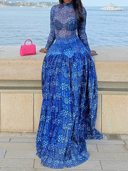 Blue Floral Mesh Maxi Dress