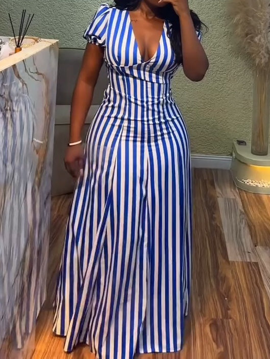 Blue Elegant Striped V Neck Puff Sleeve Maxi Dress