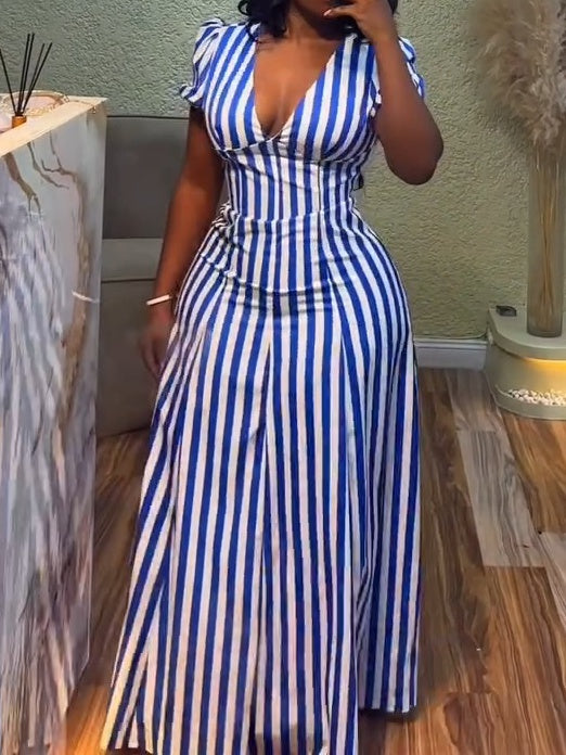 Blue Elegant Striped V Neck Puff Sleeve Maxi Dress