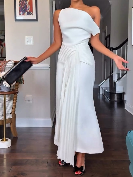 Oblique Shoulder Sleeveless Folds Midi Dress