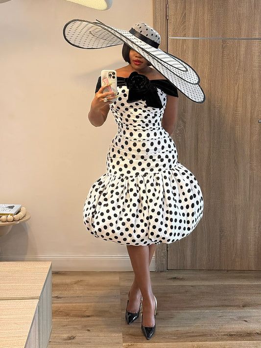 White Polka Dot Off The Shoulder Velvet Satin Midi Dress