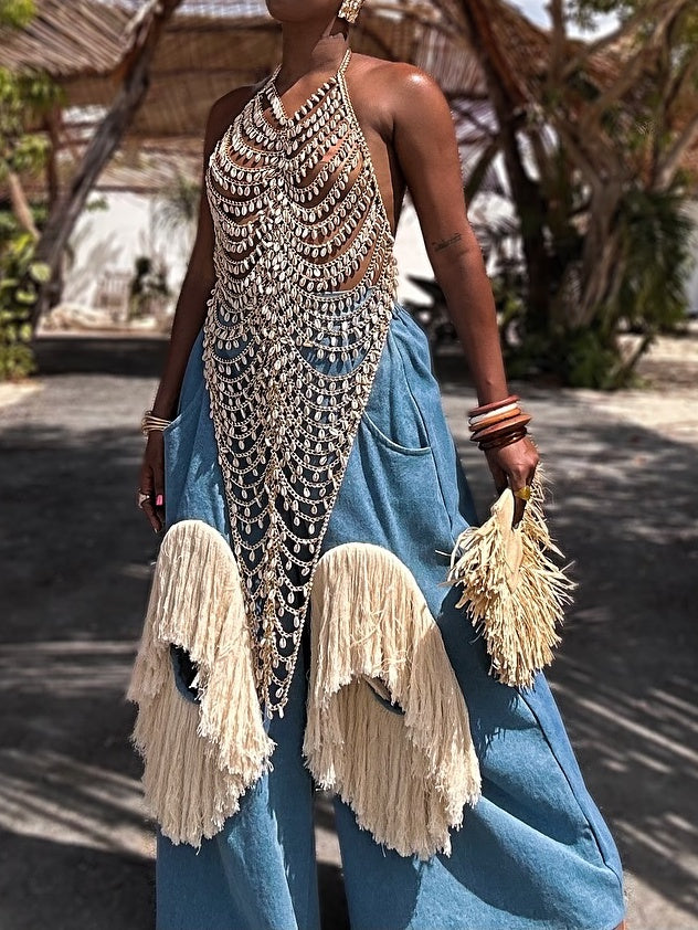 Luxury Handmade Chain Top + Fringe Pants