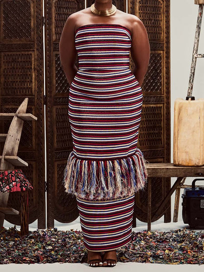Striped Print Strappless Tassels Dress