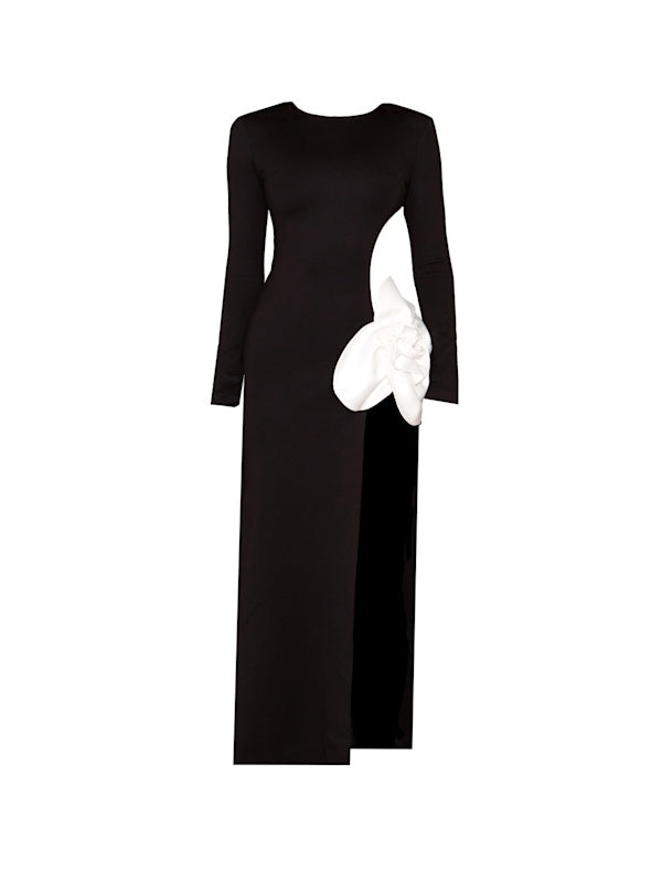 Three-dimensional Flower Classic Black And White Color Split Dress