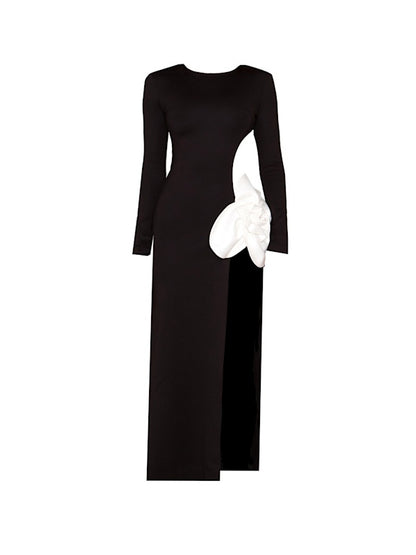 Three-dimensional Flower Classic Black And White Color Split Dress