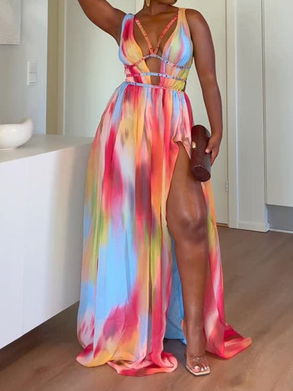 Deep V-Neck Print Cutout Dress