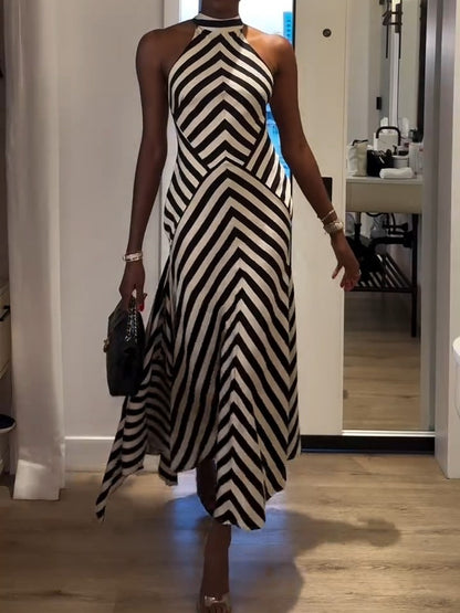 Tall Mono Fluid Stripe Cotton Mix Woven Maxi Halter Dress