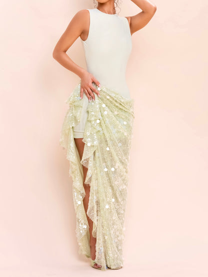Mint Green Sequin Draped Mesh Dress