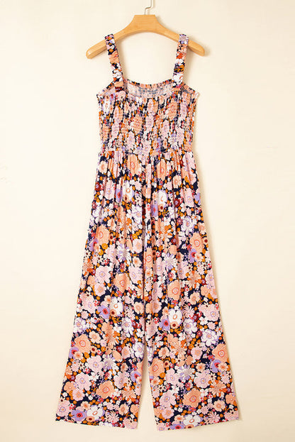 Floral Print Smocked High Waist Square Neck Jumpsuit