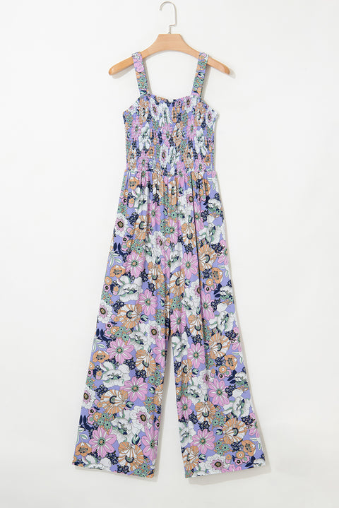 Floral Print Smocked High Waist Square Neck Jumpsuit