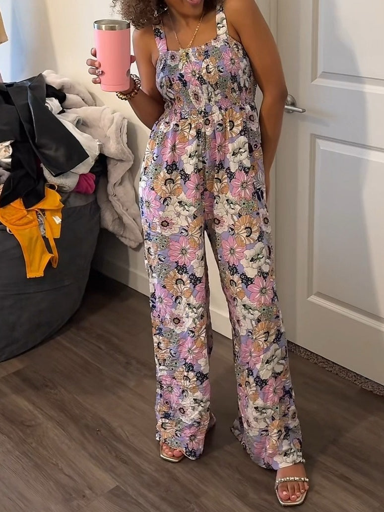Floral Print Smocked High Waist Square Neck Jumpsuit