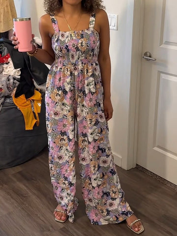 Floral Print Smocked High Waist Square Neck Jumpsuit