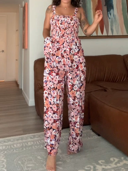 Floral Print Smocked High Waist Square Neck Jumpsuit