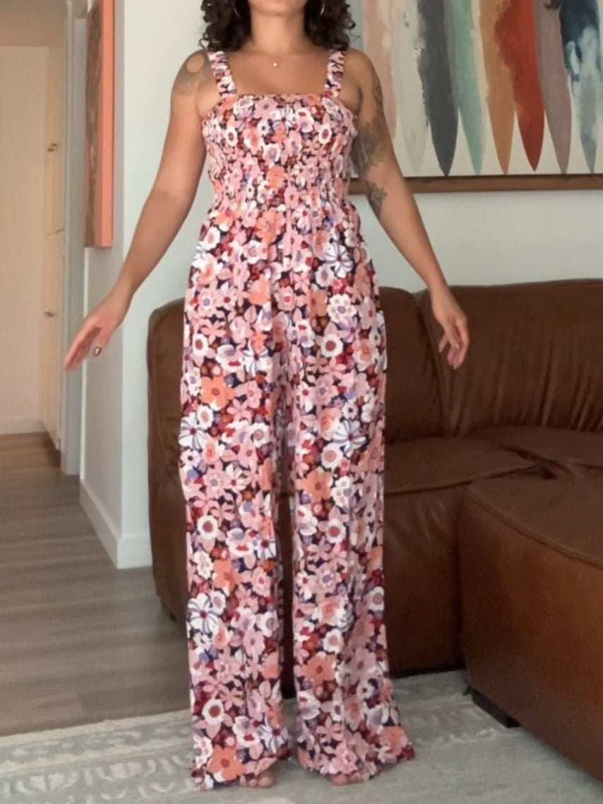 Floral Print Smocked High Waist Square Neck Jumpsuit
