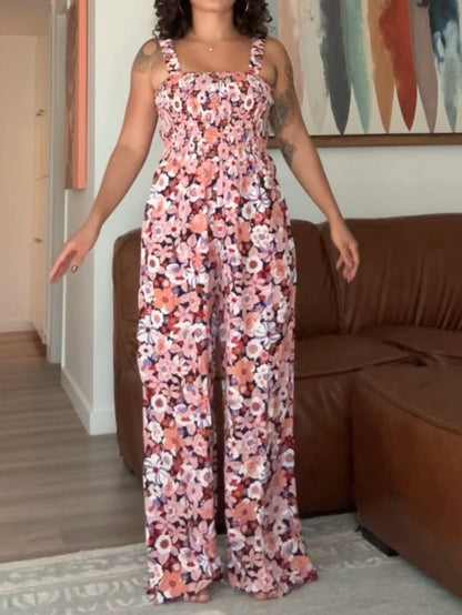 Floral Print Smocked High Waist Square Neck Jumpsuit