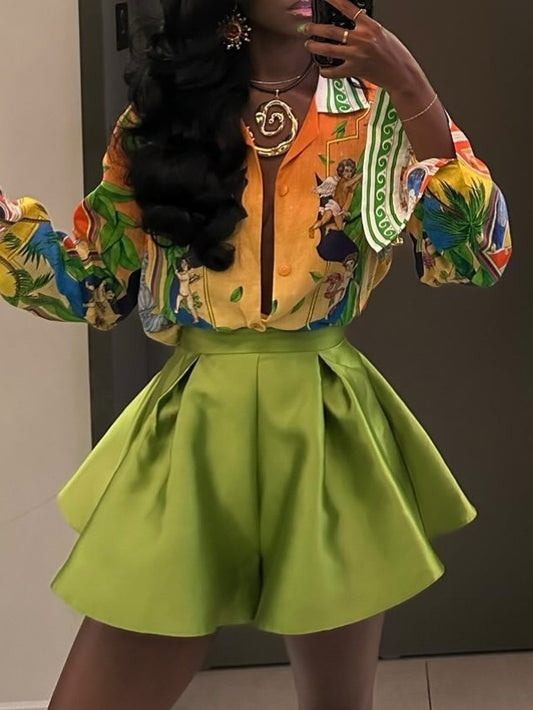 Linen Long-sleeve Shirt + Green Satin Shorts
